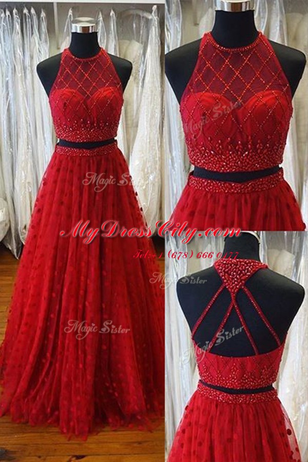 Scoop Red A-line Beading and Appliques Prom Party Dress Backless Tulle Sleeveless