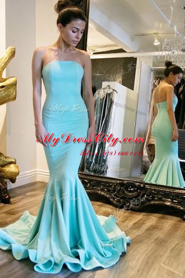 Exceptional Mermaid With Train Baby Blue Evening Dress Elastic Woven Satin Sweep Train Sleeveless Ruching