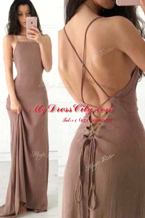 Modest Brown Criss Cross Spaghetti Straps Ruching Prom Dress Elastic Woven Satin Sleeveless Sweep Train