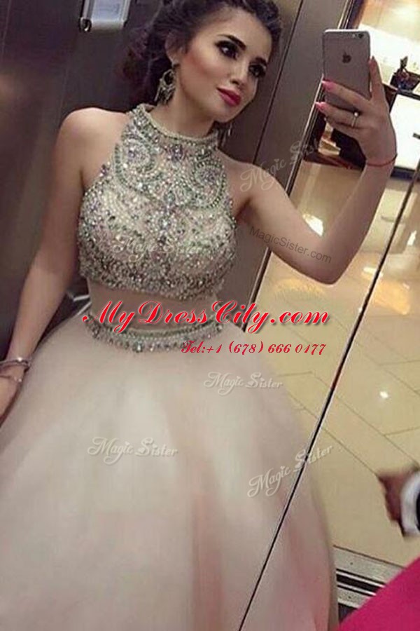 Cheap Beading Prom Party Dress White Zipper Sleeveless Floor Length