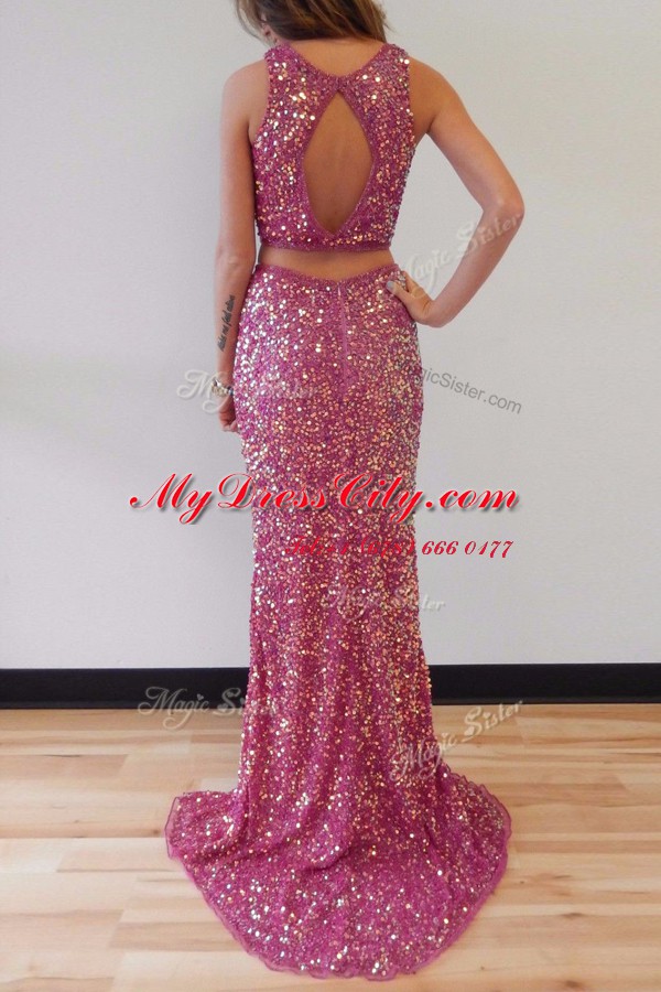 Mermaid Scoop Sleeveless Womens Evening Dresses Sweep Train Sequins Lilac Sequined