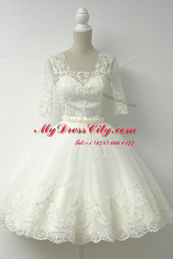 High End White Zipper Prom Dress Lace Half Sleeves Knee Length