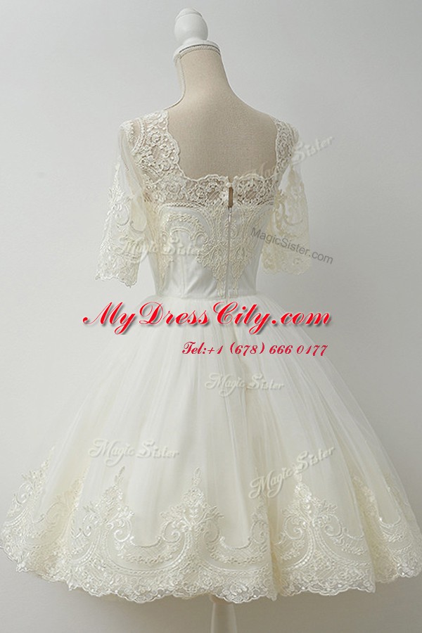 High End White Zipper Prom Dress Lace Half Sleeves Knee Length