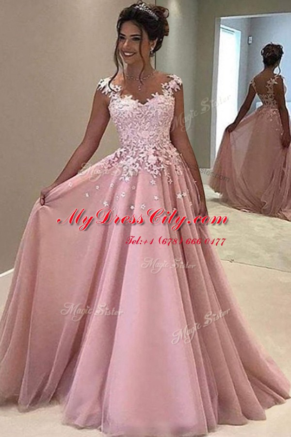 Glittering Pink Dress for Prom Prom and For with Appliques V-neck Sleeveless Sweep Train Zipper