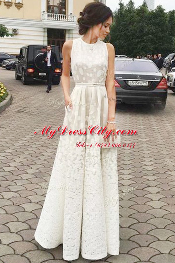 New Arrival Scoop Floor Length White Prom Gown Lace Sleeveless Pleated