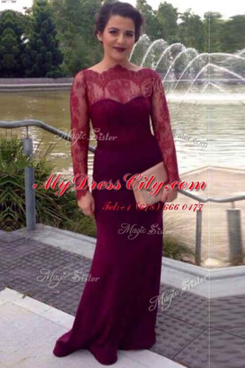 Pretty Scalloped Lace Prom Evening Gown Fuchsia Clasp Handle Long Sleeves With Brush Train