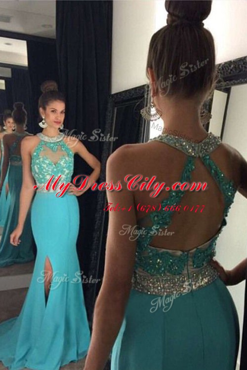 High Quality Halter Top Sleeveless Elastic Woven Satin Prom Evening Gown Beading and Appliques Brush Train Zipper