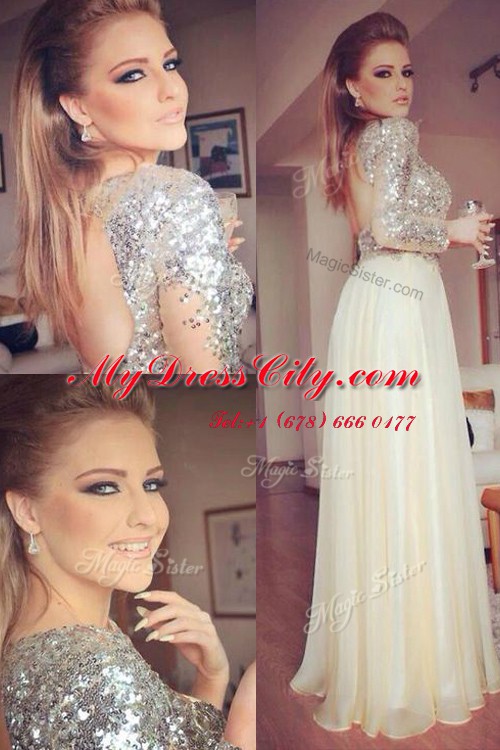 Elegant Scoop Long Sleeves Prom Gown Floor Length Sequins Champagne Organza and Sequined