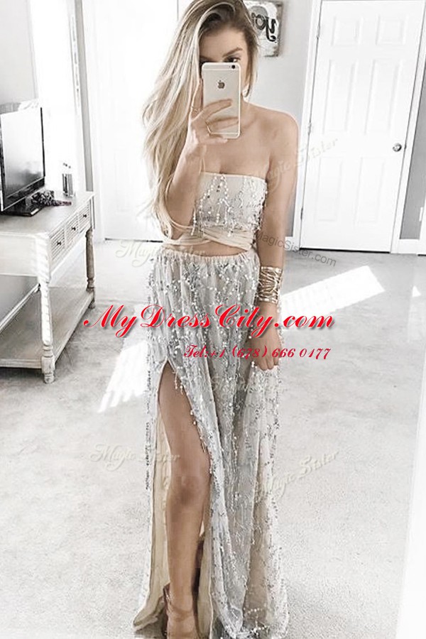 Elegant Grey Sleeveless Satin Sweep Train Lace Up Prom Party Dress for Prom