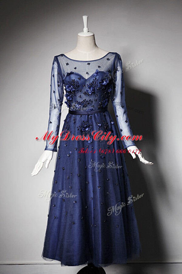 Elegant Scoop Navy Blue Long Sleeves Beading and Hand Made Flower Tea Length Prom Dress