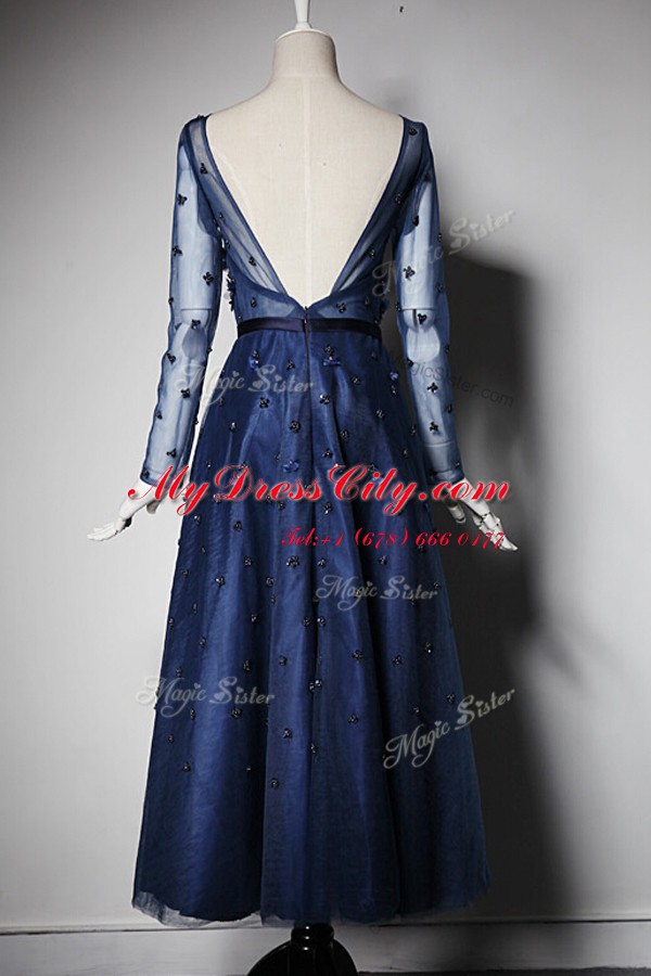 Elegant Scoop Navy Blue Long Sleeves Beading and Hand Made Flower Tea Length Prom Dress