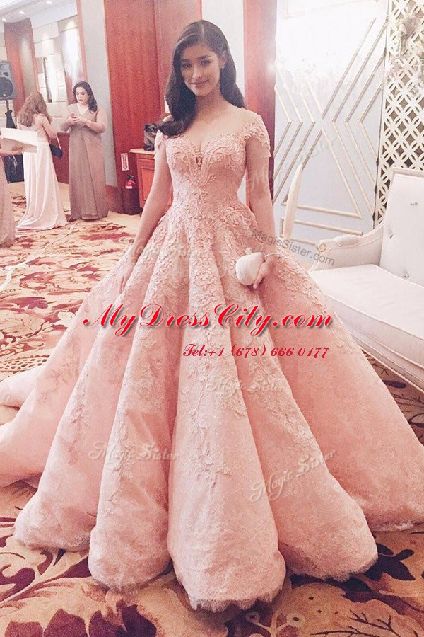 Deluxe Pink Winning Pageant Gowns Prom and For with Lace Sweetheart Short Sleeves Sweep Train Zipper