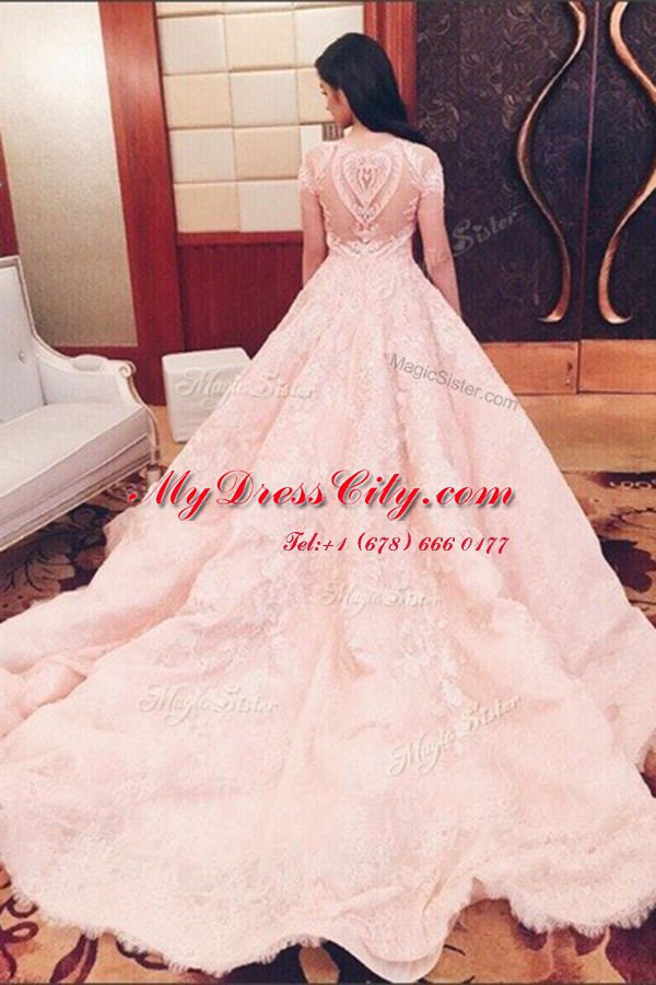 Deluxe Pink Winning Pageant Gowns Prom and For with Lace Sweetheart Short Sleeves Sweep Train Zipper