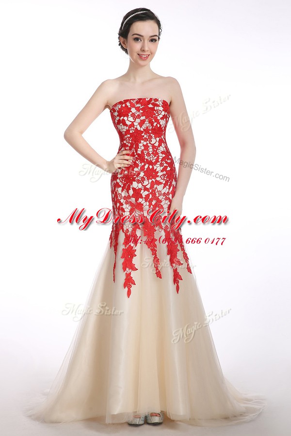 Chic Mermaid Lace Up Prom Gown Red and Champagne for Prom and Party with Appliques Brush Train