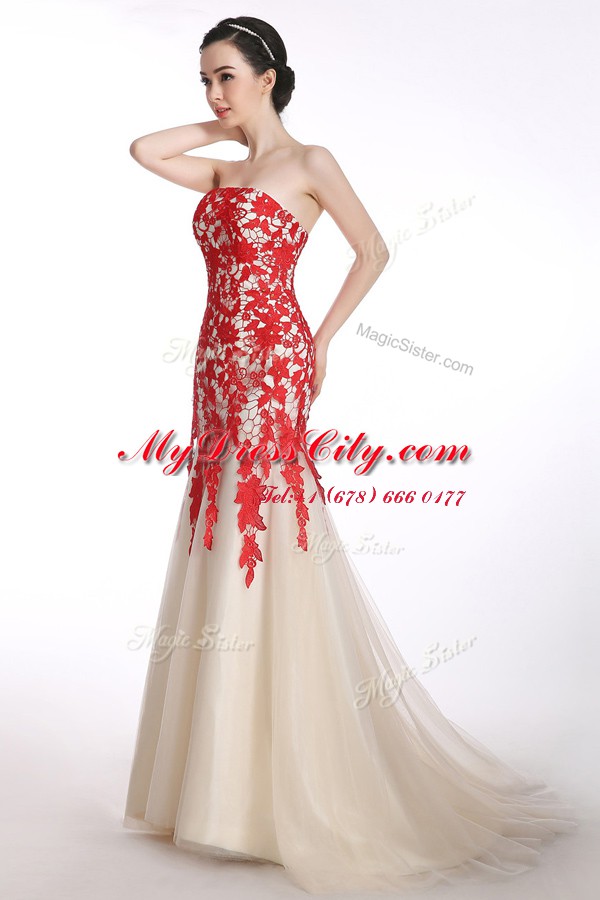 Chic Mermaid Lace Up Prom Gown Red and Champagne for Prom and Party with Appliques Brush Train