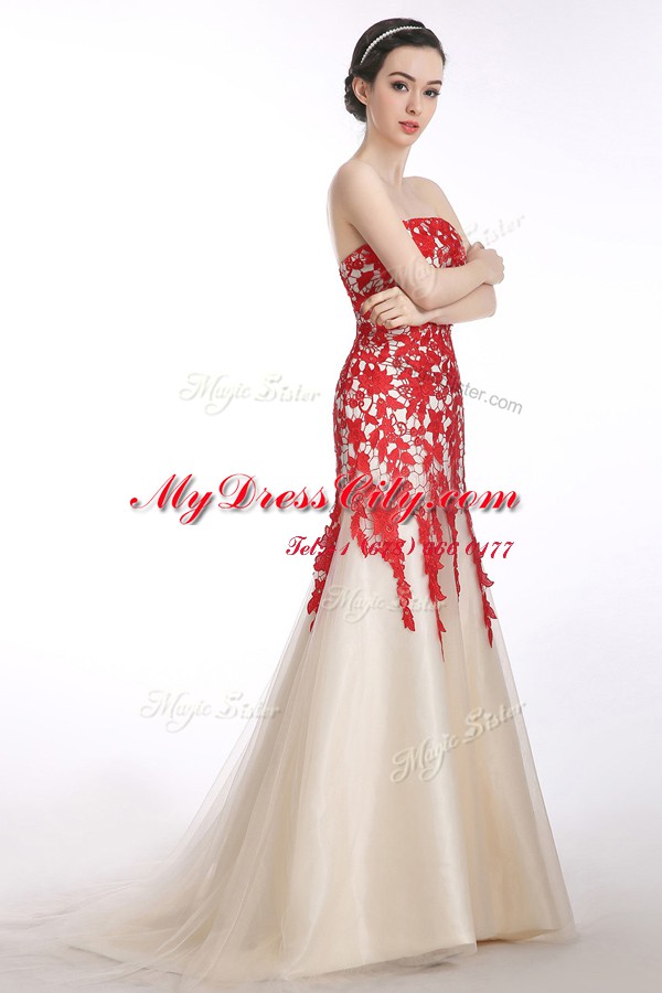 Chic Mermaid Lace Up Prom Gown Red and Champagne for Prom and Party with Appliques Brush Train