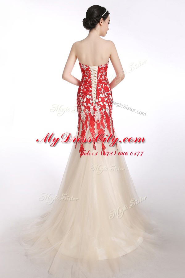 Chic Mermaid Lace Up Prom Gown Red and Champagne for Prom and Party with Appliques Brush Train