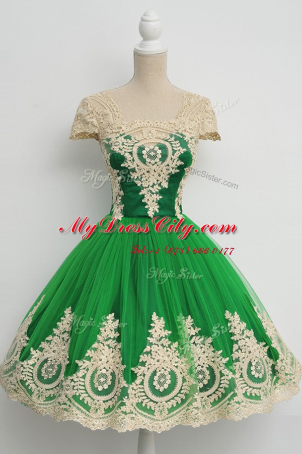 Trendy Green Cap Sleeves Tulle Zipper Dress for Prom for Prom and Party