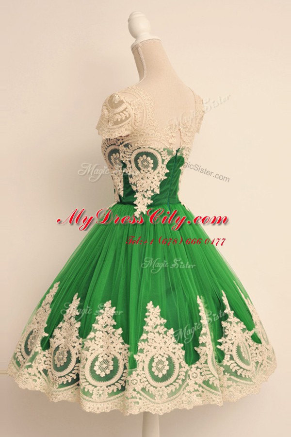 Trendy Green Cap Sleeves Tulle Zipper Dress for Prom for Prom and Party