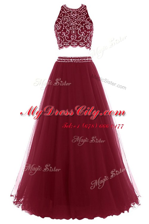 Fancy Burgundy Zipper Halter Top Beading Prom Gown Tulle Sleeveless