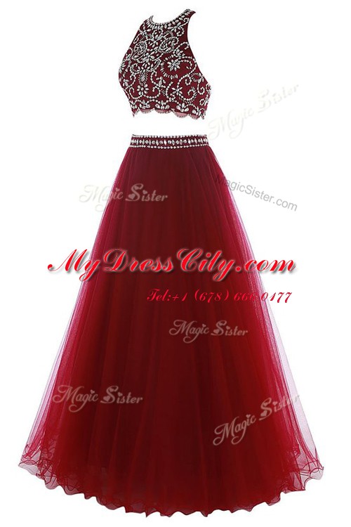 Fancy Burgundy Zipper Halter Top Beading Prom Gown Tulle Sleeveless