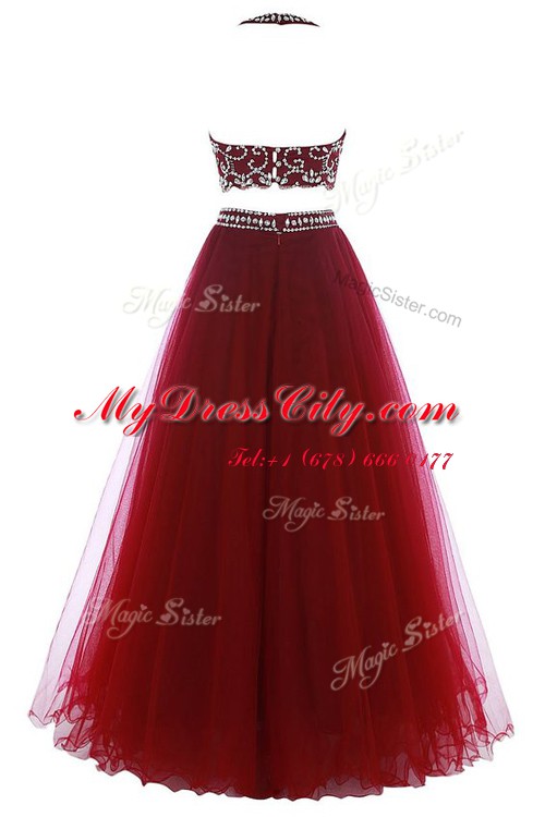 Fancy Burgundy Zipper Halter Top Beading Prom Gown Tulle Sleeveless