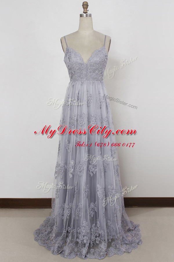 Exceptional Grey Tulle Backless Spaghetti Straps Sleeveless With Train Prom Dresses Sweep Train Appliques