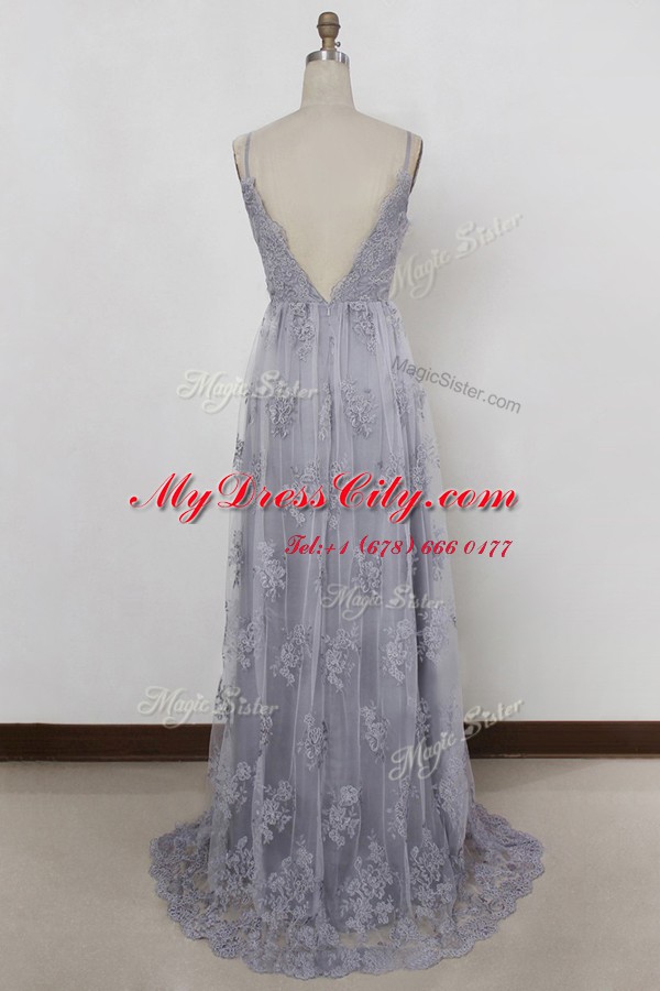 Exceptional Grey Tulle Backless Spaghetti Straps Sleeveless With Train Prom Dresses Sweep Train Appliques