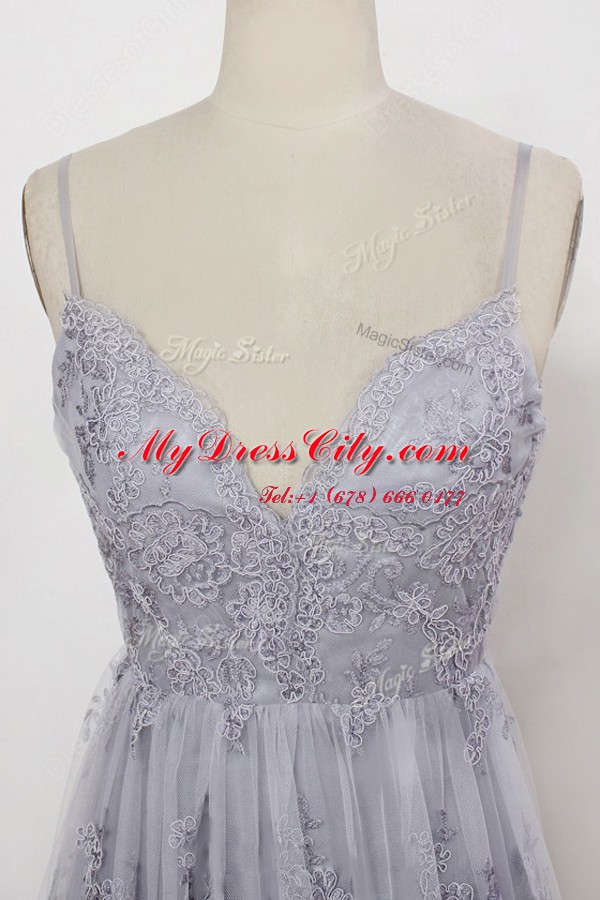 Exceptional Grey Tulle Backless Spaghetti Straps Sleeveless With Train Prom Dresses Sweep Train Appliques