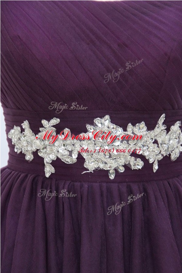 One Shoulder Purple Tulle Lace Up Prom Party Dress Sleeveless Knee Length Beading