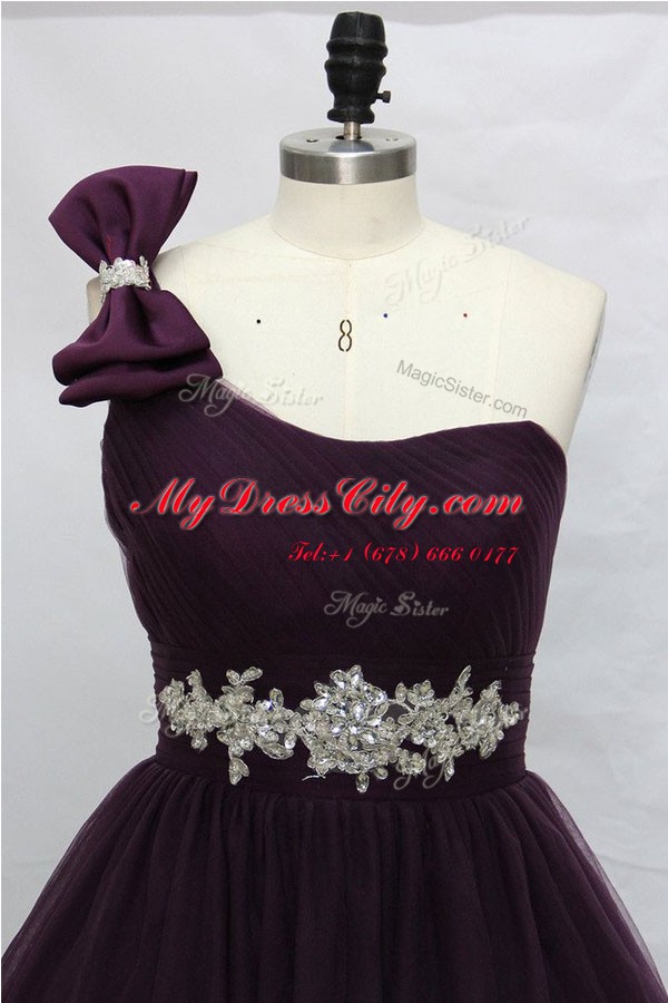 One Shoulder Purple Tulle Lace Up Prom Party Dress Sleeveless Knee Length Beading