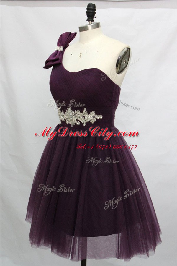 One Shoulder Purple Tulle Lace Up Prom Party Dress Sleeveless Knee Length Beading