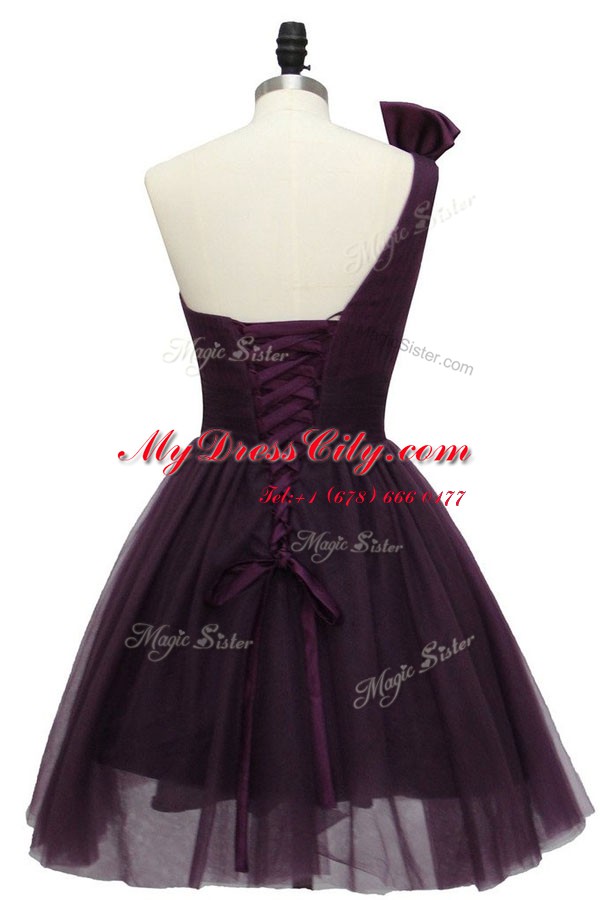 One Shoulder Purple Tulle Lace Up Prom Party Dress Sleeveless Knee Length Beading