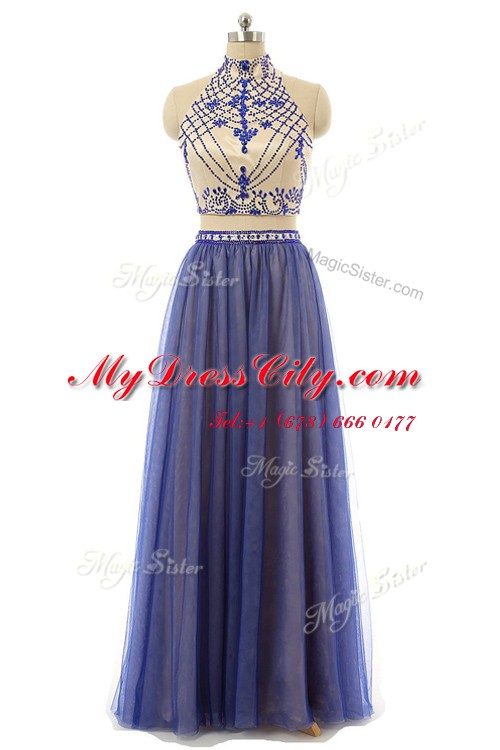 Beautiful A-line Dress for Prom Navy Blue Halter Top Tulle Sleeveless Floor Length Zipper