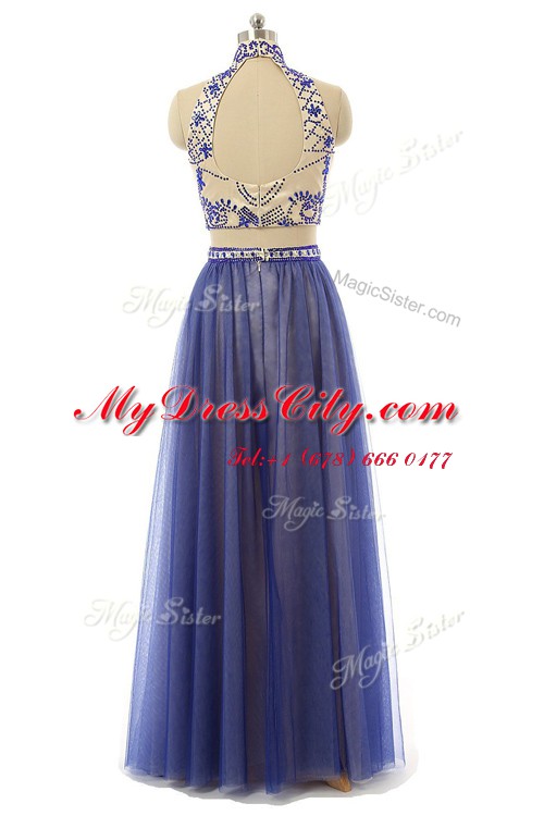 Beautiful A-line Dress for Prom Navy Blue Halter Top Tulle Sleeveless Floor Length Zipper