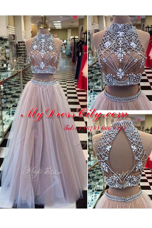 Floor Length Two Pieces Sleeveless Pink Prom Gown Zipper