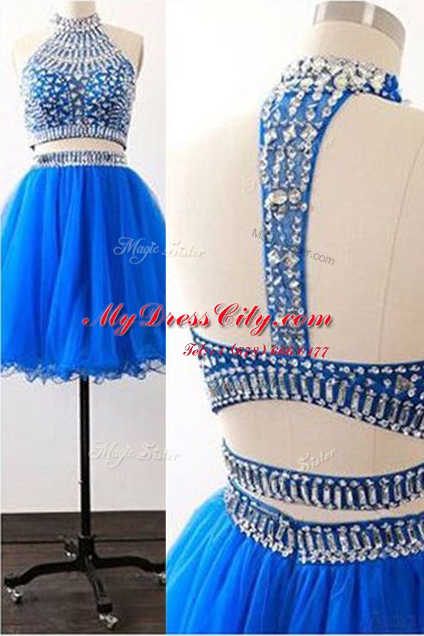 Smart Mini Length Royal Blue Evening Dress Tulle Sleeveless Sashes ribbons