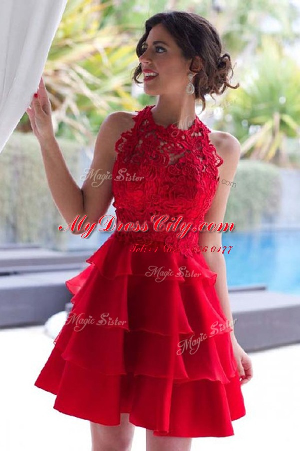 Halter Top Ruffled Knee Length A-line Sleeveless Red Prom Evening Gown Zipper