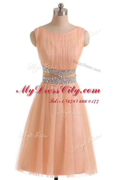 Peach A-line Scoop Sleeveless Tulle Knee Length Zipper Beading Prom Party Dress