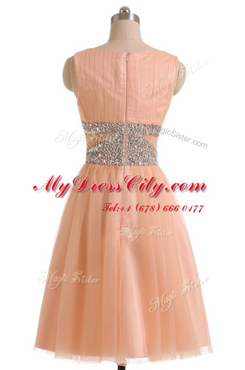 Peach A-line Scoop Sleeveless Tulle Knee Length Zipper Beading Prom Party Dress