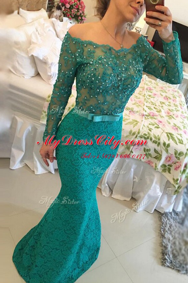 Mermaid Prom Gown Turquoise Off The Shoulder Lace Long Sleeves Floor Length Side Zipper