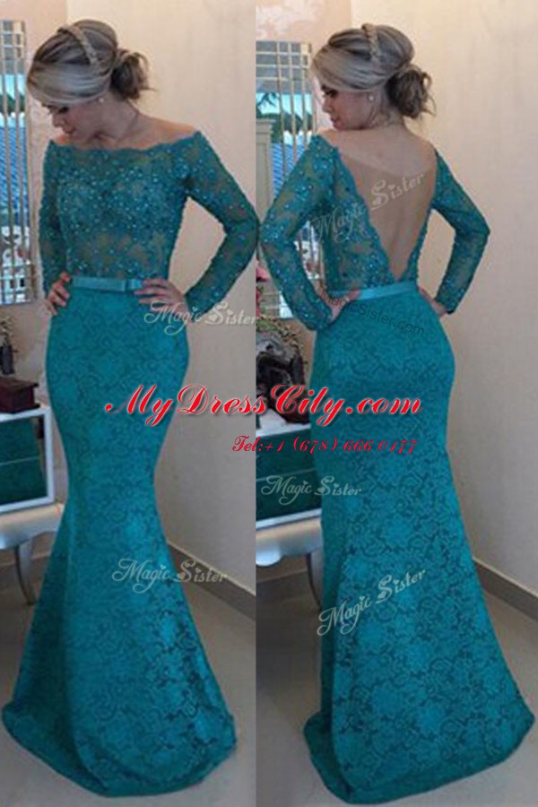 Mermaid Prom Gown Turquoise Off The Shoulder Lace Long Sleeves Floor Length Side Zipper