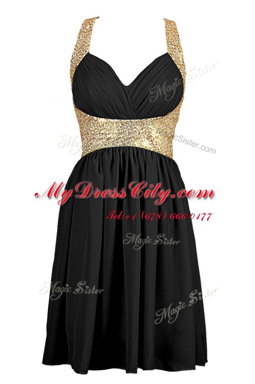 Black Chiffon Criss Cross Prom Gown Sleeveless Knee Length Sequins