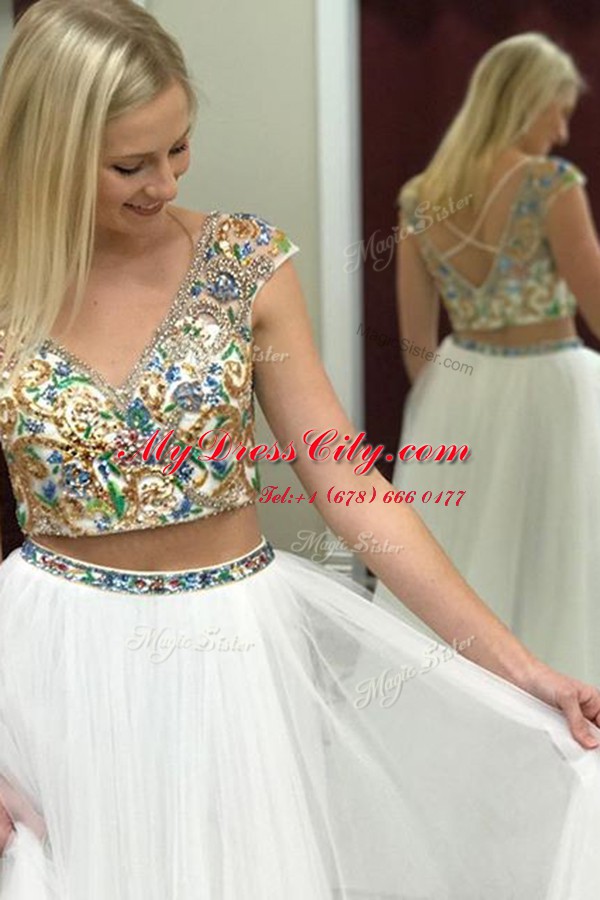 Eye-catching White A-line Tulle V-neck Cap Sleeves Beading Floor Length Criss Cross Prom Dresses