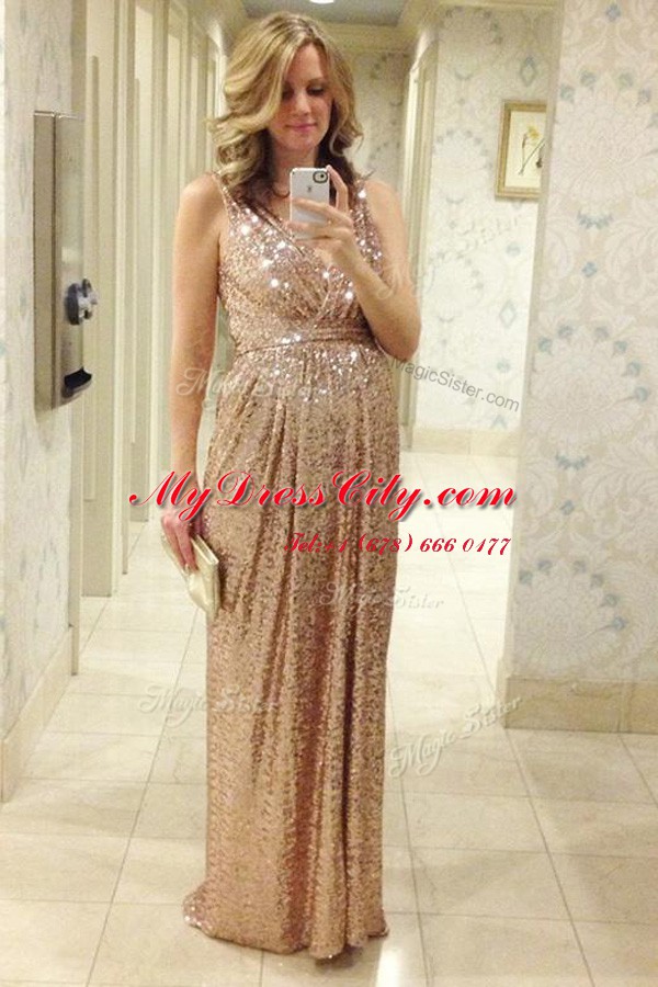 Pink Lace Up V-neck Pleated Homecoming Dress Sequined Sleeveless