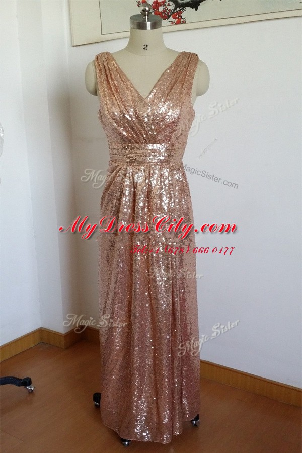 Pink Lace Up V-neck Pleated Homecoming Dress Sequined Sleeveless