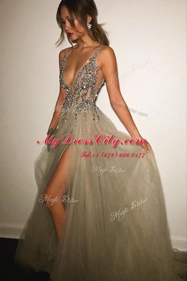 Champagne Prom Dresses V-neck Sleeveless Sweep Train Backless