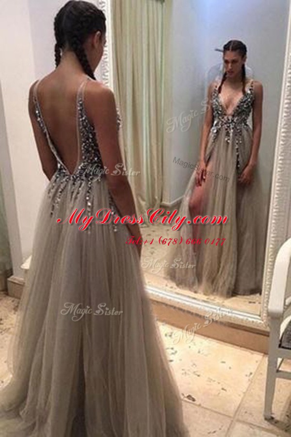 Champagne Prom Dresses V-neck Sleeveless Sweep Train Backless