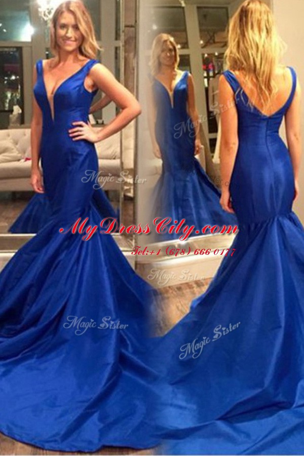 Clearance Royal Blue Mermaid Satin V-neck Sleeveless Pleated Zipper Evening Dress Court Train