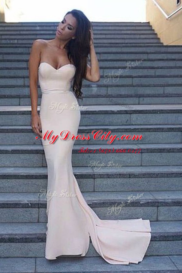 Perfect Mermaid White Backless Sweetheart Ruching Prom Gown Elastic Woven Satin Sleeveless Sweep Train